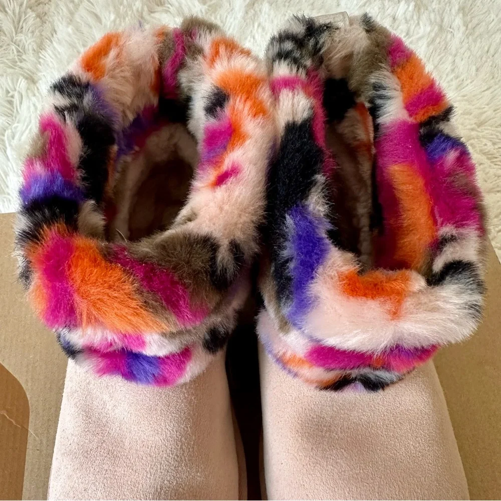 UGG Fluff Mini Quilted Motlee Pink Suede Multicolor Fur Cuff Ankle Boots Size 7
